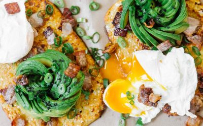 Cauliflower Bread With Crispy Bacon, Poached Eggs & Avocado